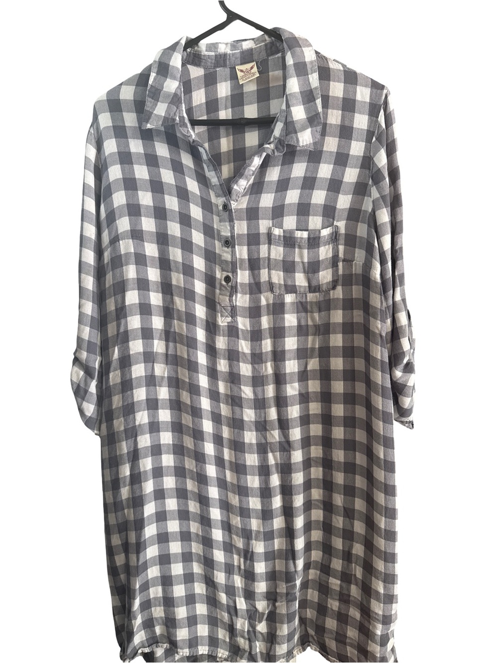 Faded Glory Gray and White Checked Button-Down Tunic